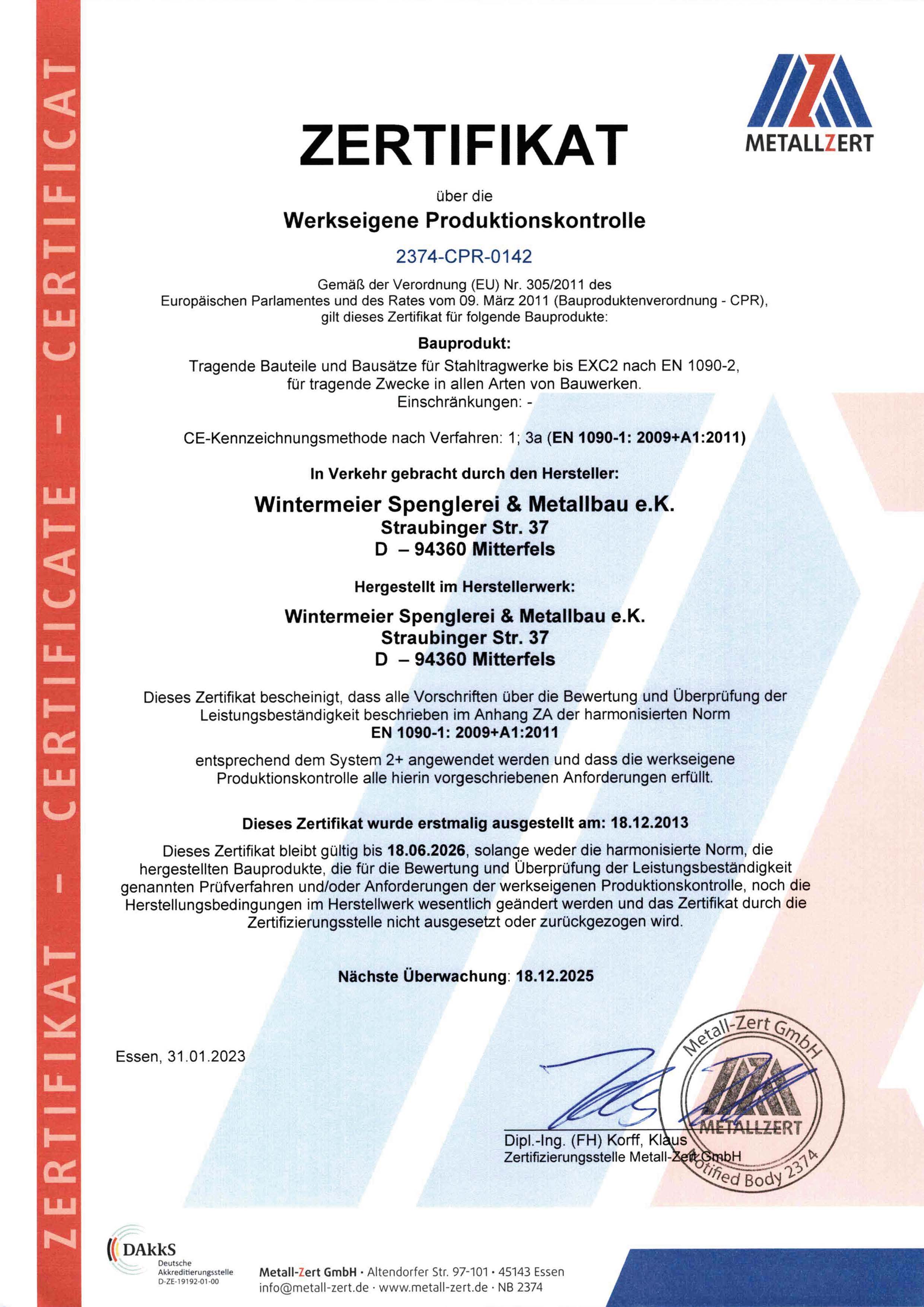 Zertifikat Werkseigene Produktionskontrolle
